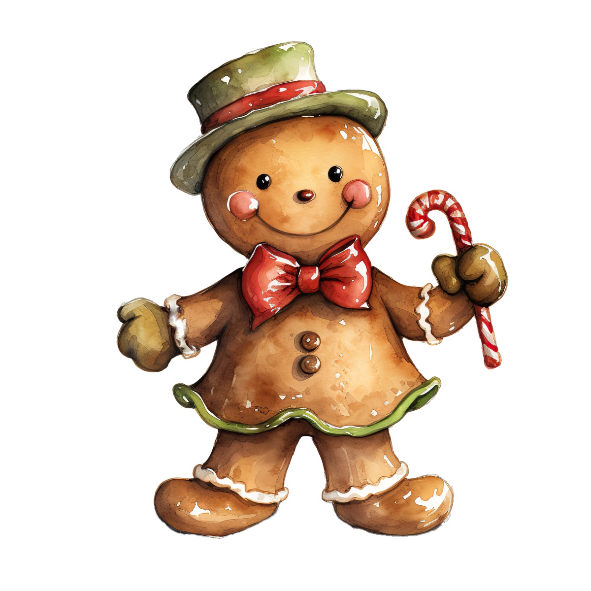 Gingerbread man wearing a top hat and holding a candy cane.
