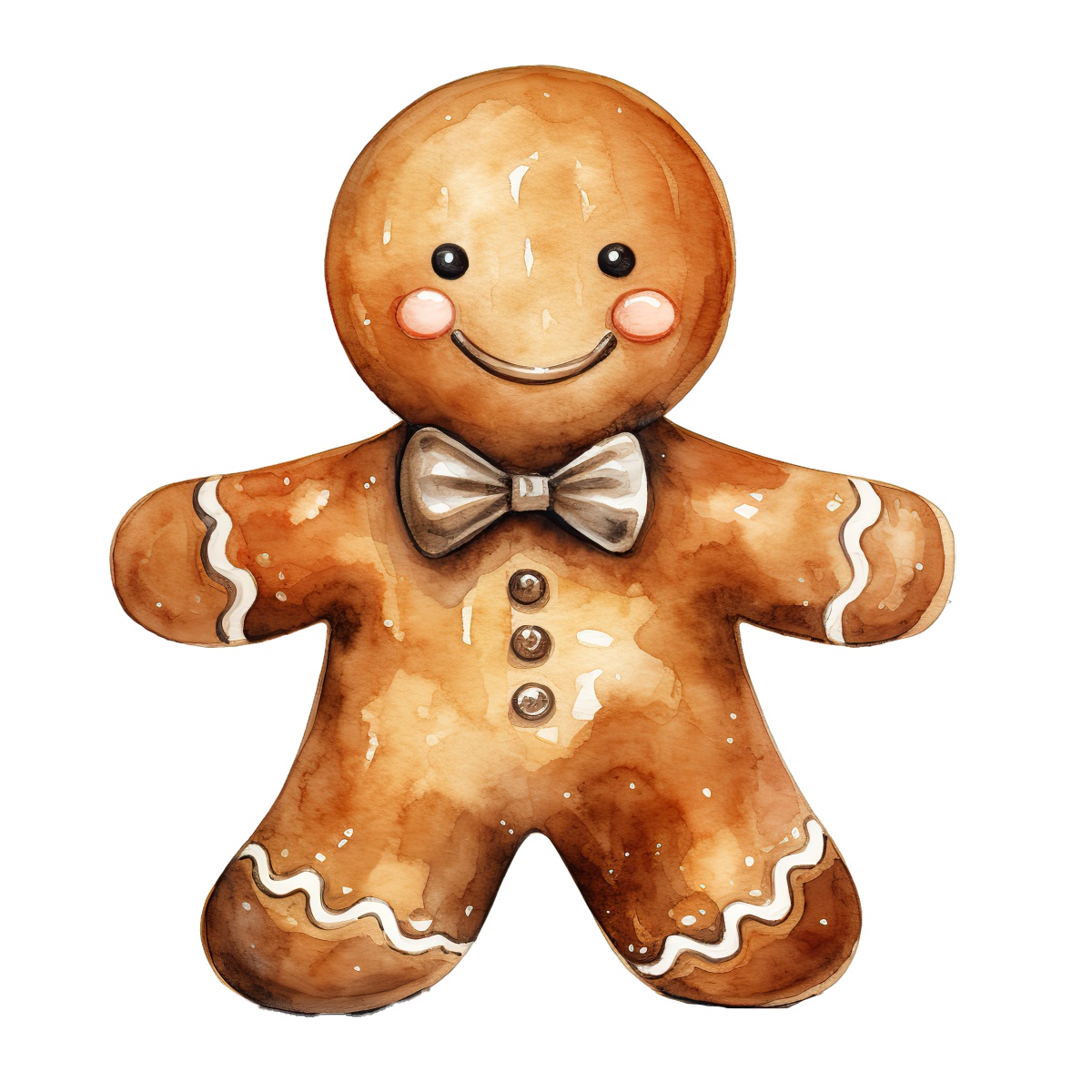 Gingerbread man featuring a bow tie and decorative icing details.