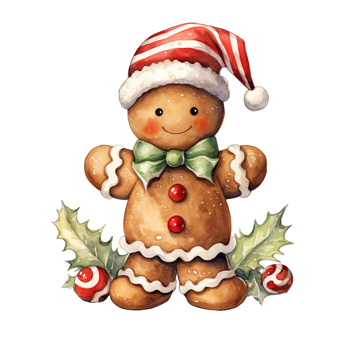Gingerbread man with striped hat and holly leaves, festive holiday decoration.