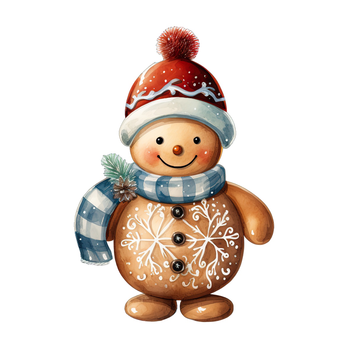 Gingerbread person wearing red winter hat and blue striped scarf with snowflake design.