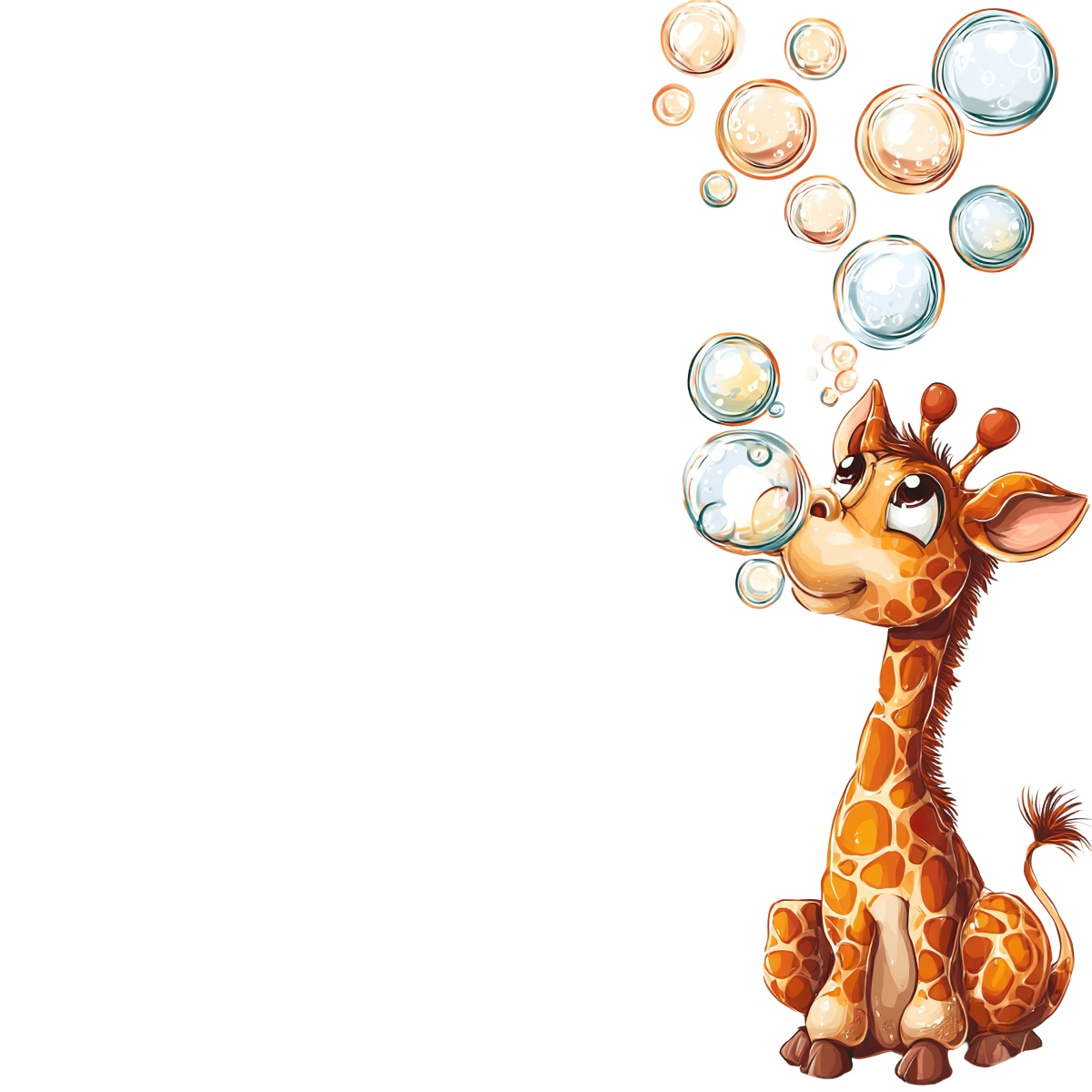 Cartoon giraffe blowing bubbles with various sizes floating above.