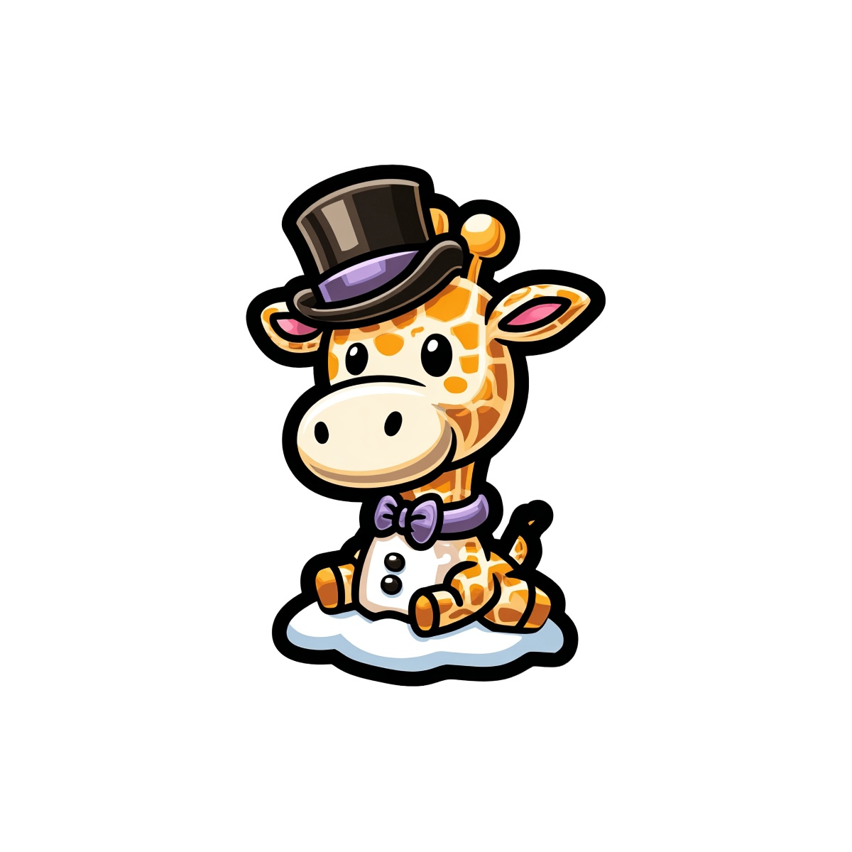 Cartoon giraffe with top hat and bow tie sitting on cloud.