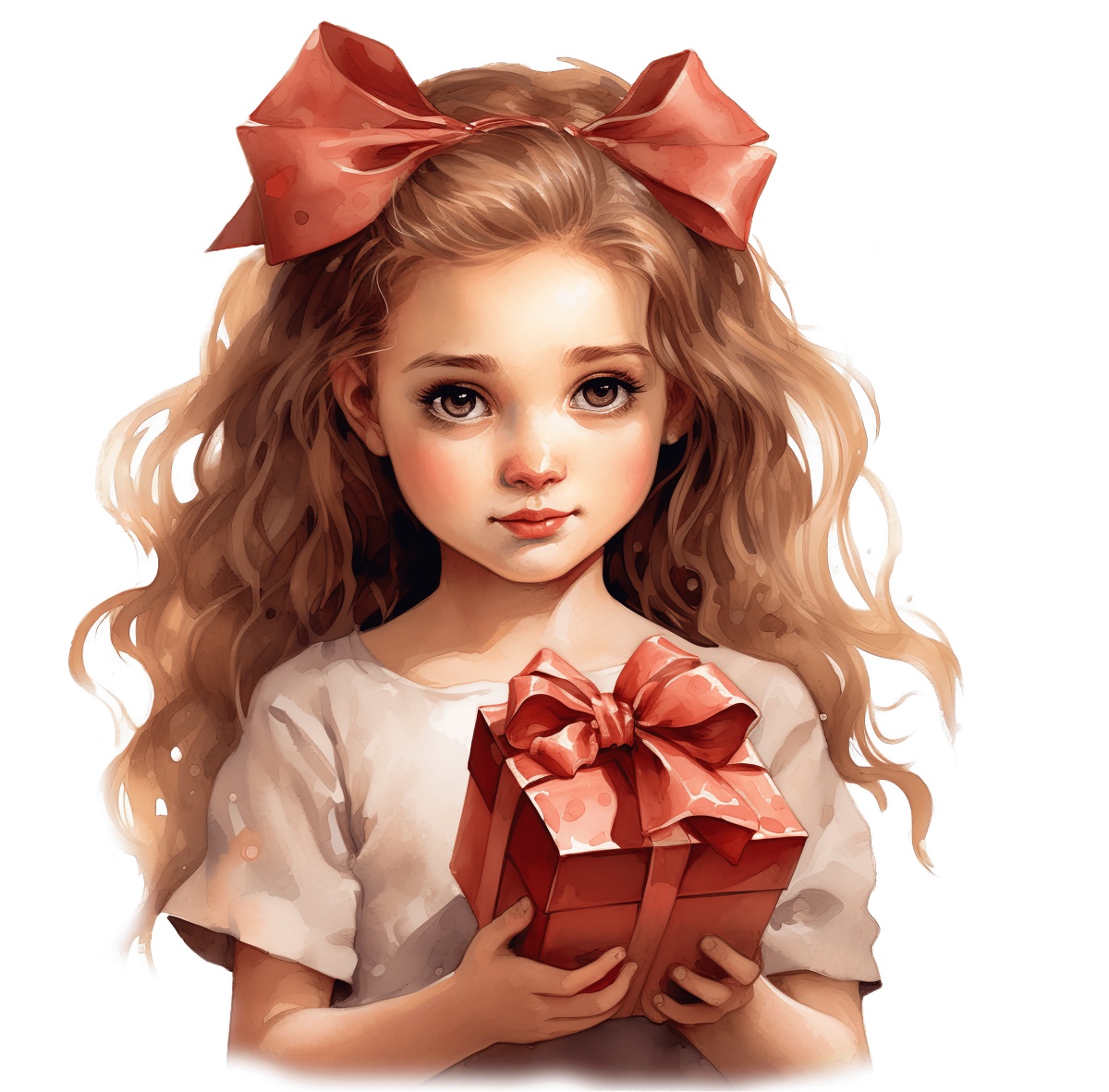 Child holding a gift box wrapped with a red ribbon.