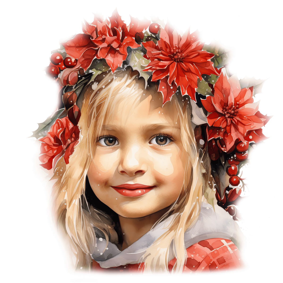 Young girl with a floral headpiece of red poinsettias and berries.