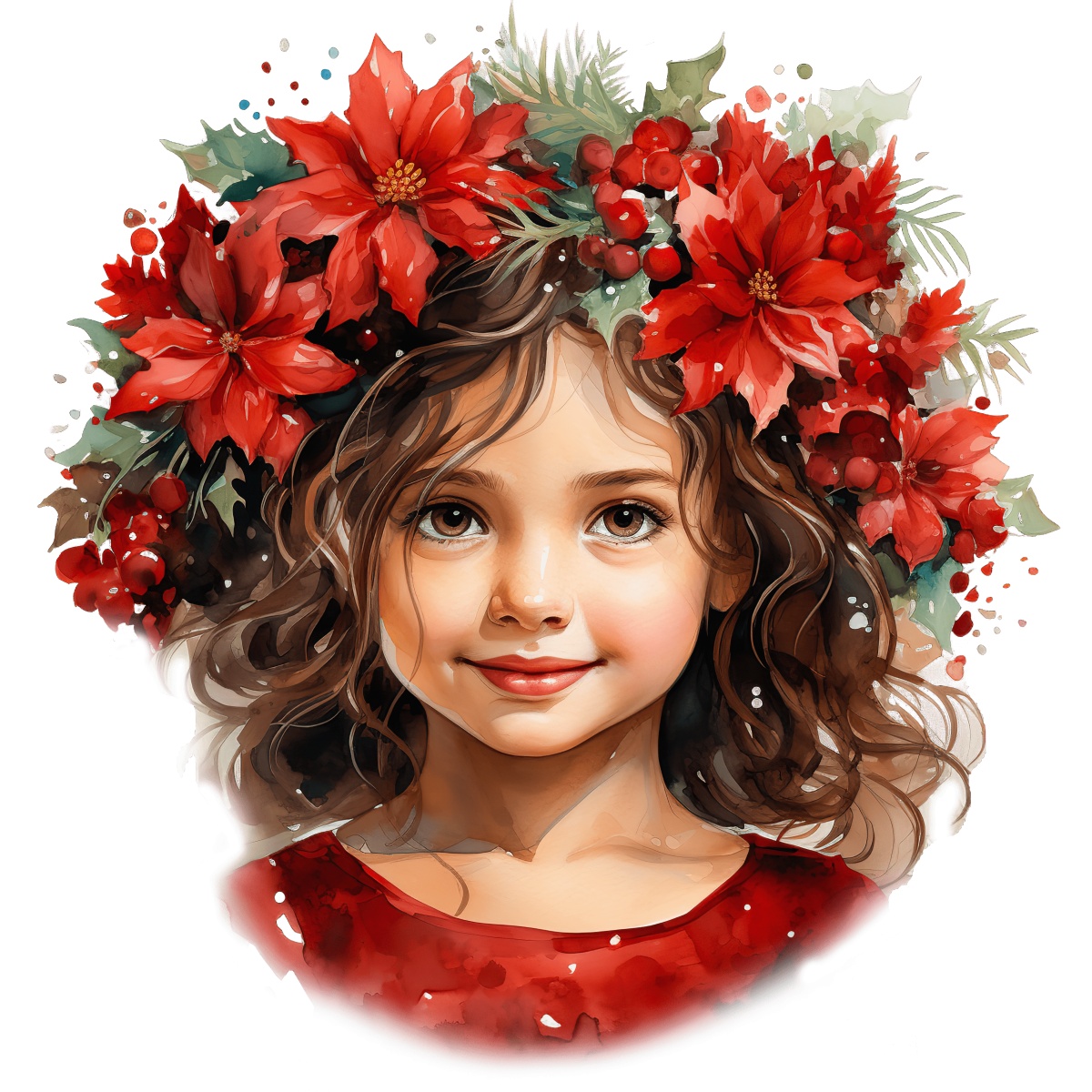 Girl with poinsettia and holly headpiece, representing Christmas festivity.