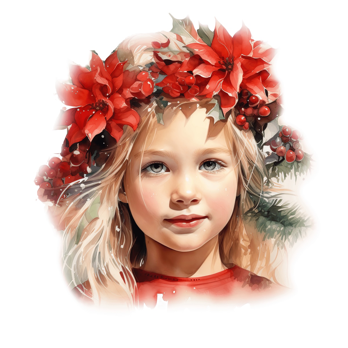 Girl wearing a poinsettia and berry crown, creating a festive holiday theme.