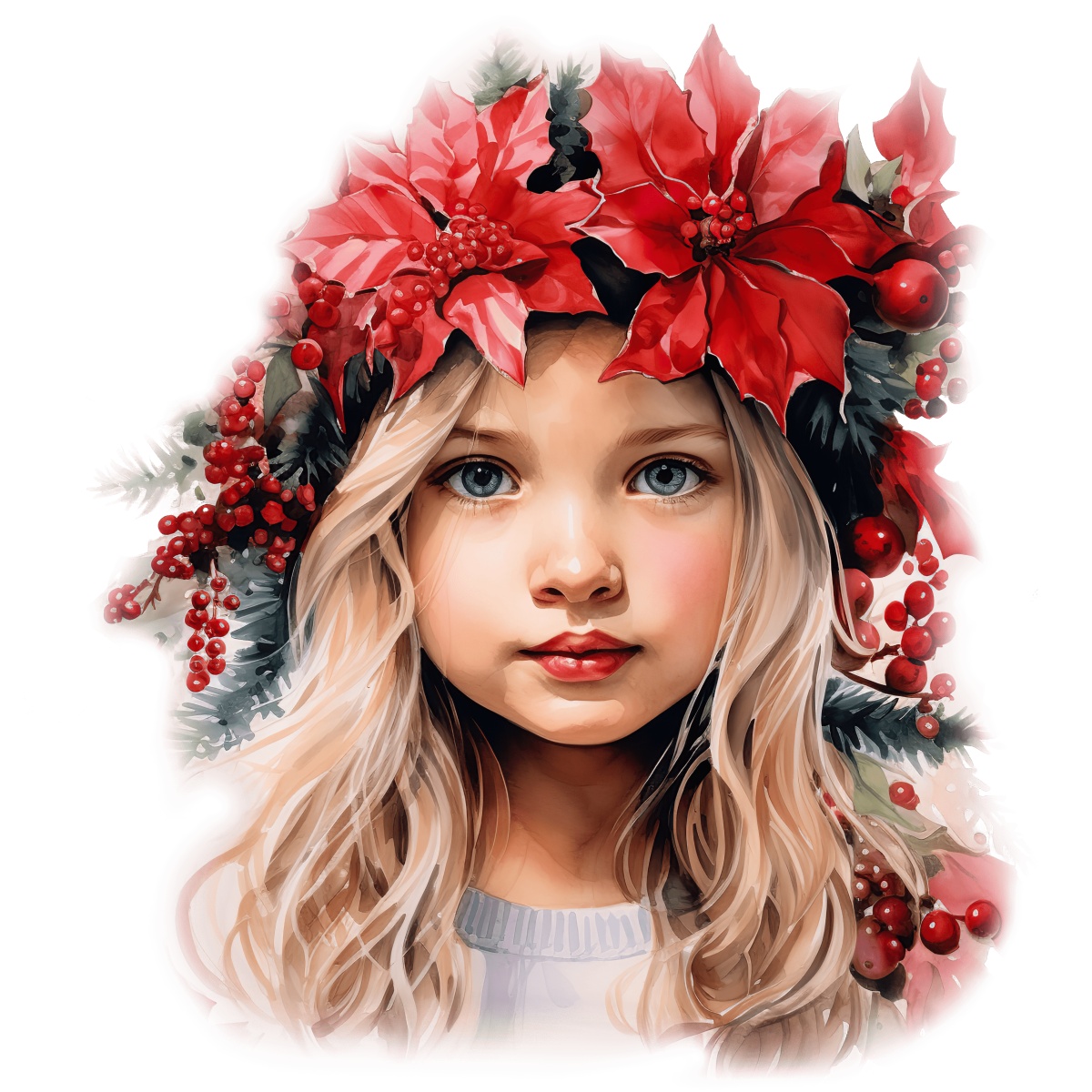 Girl with poinsettia and holly headpiece, surrounded by Christmas-themed decorations.