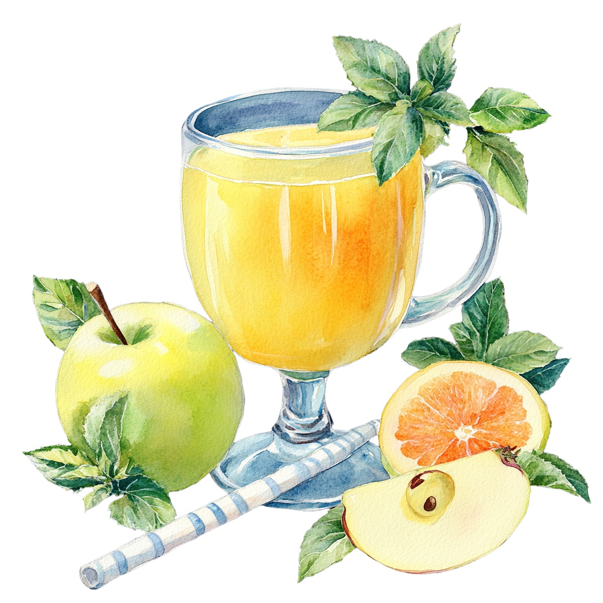 Glass of apple juice with apple, orange slice, and leaves.