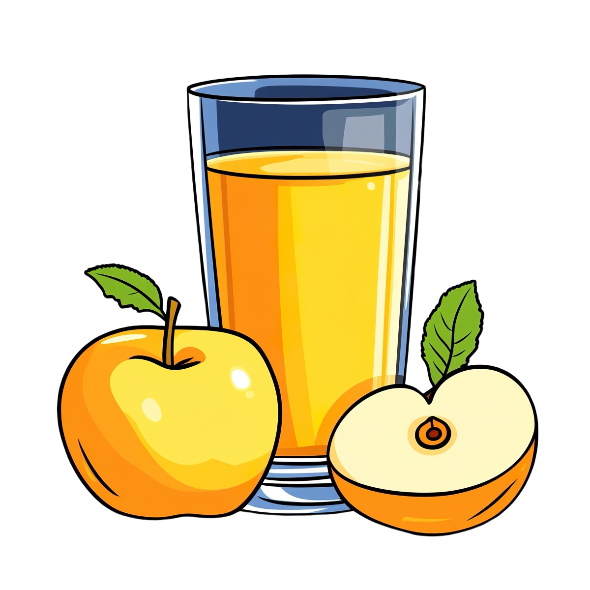 Glass of apple juice with whole and sliced apples beside it.