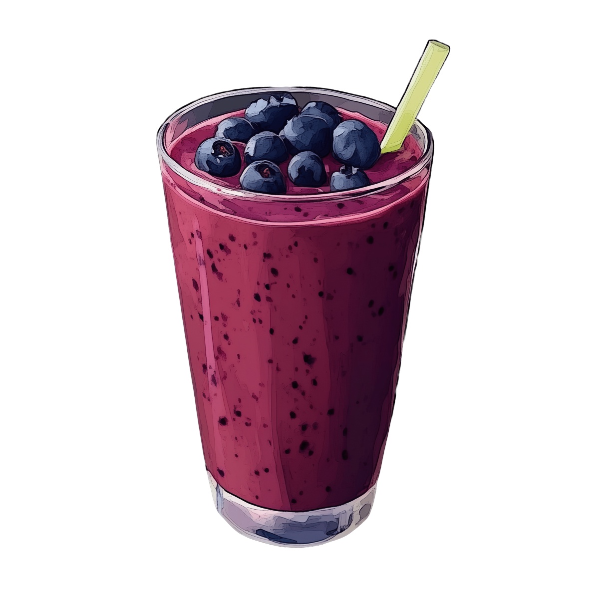 Glass of berry smoothie with blueberries and a straw on top.
