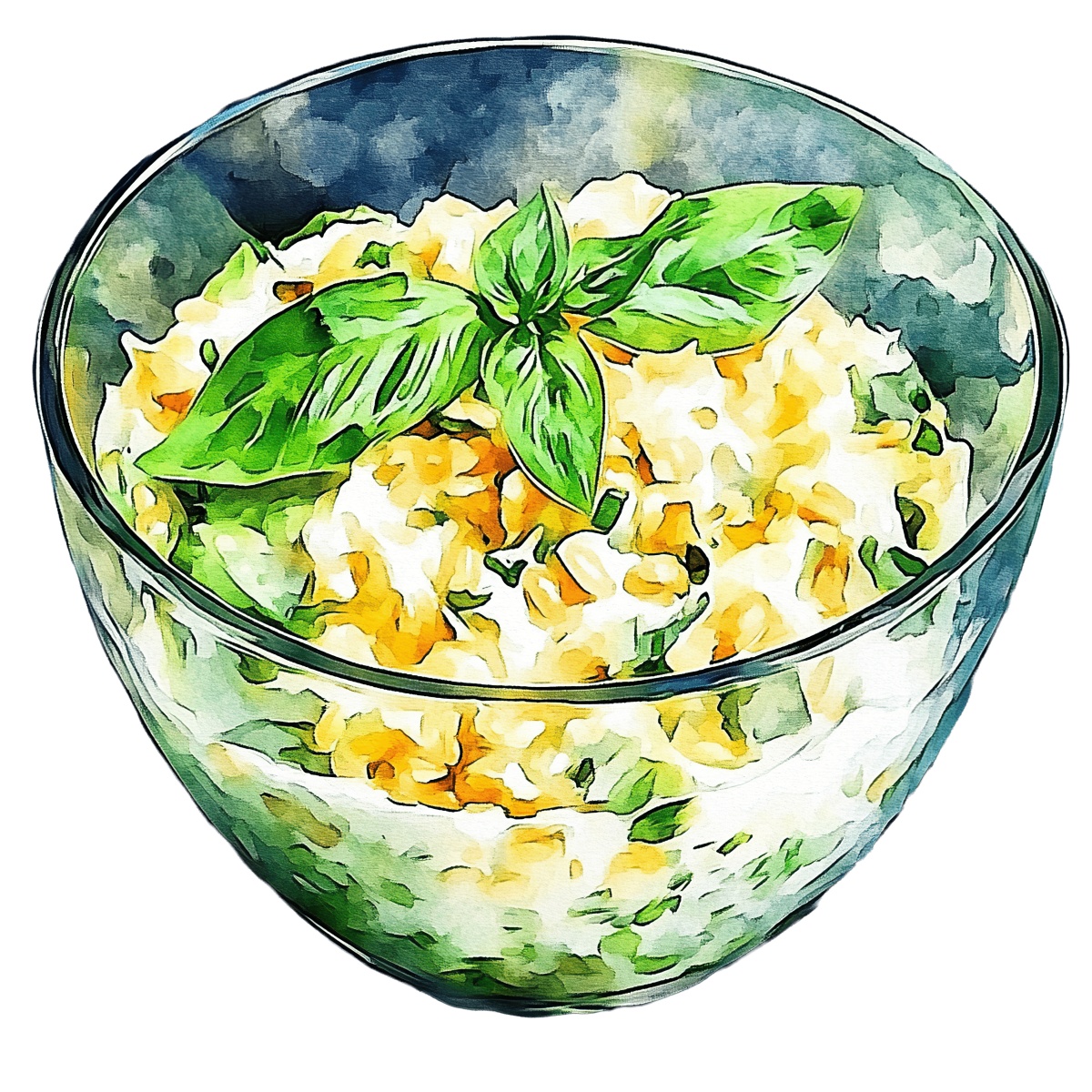 Glass bowl containing creamy risotto topped with fresh basil leaves.