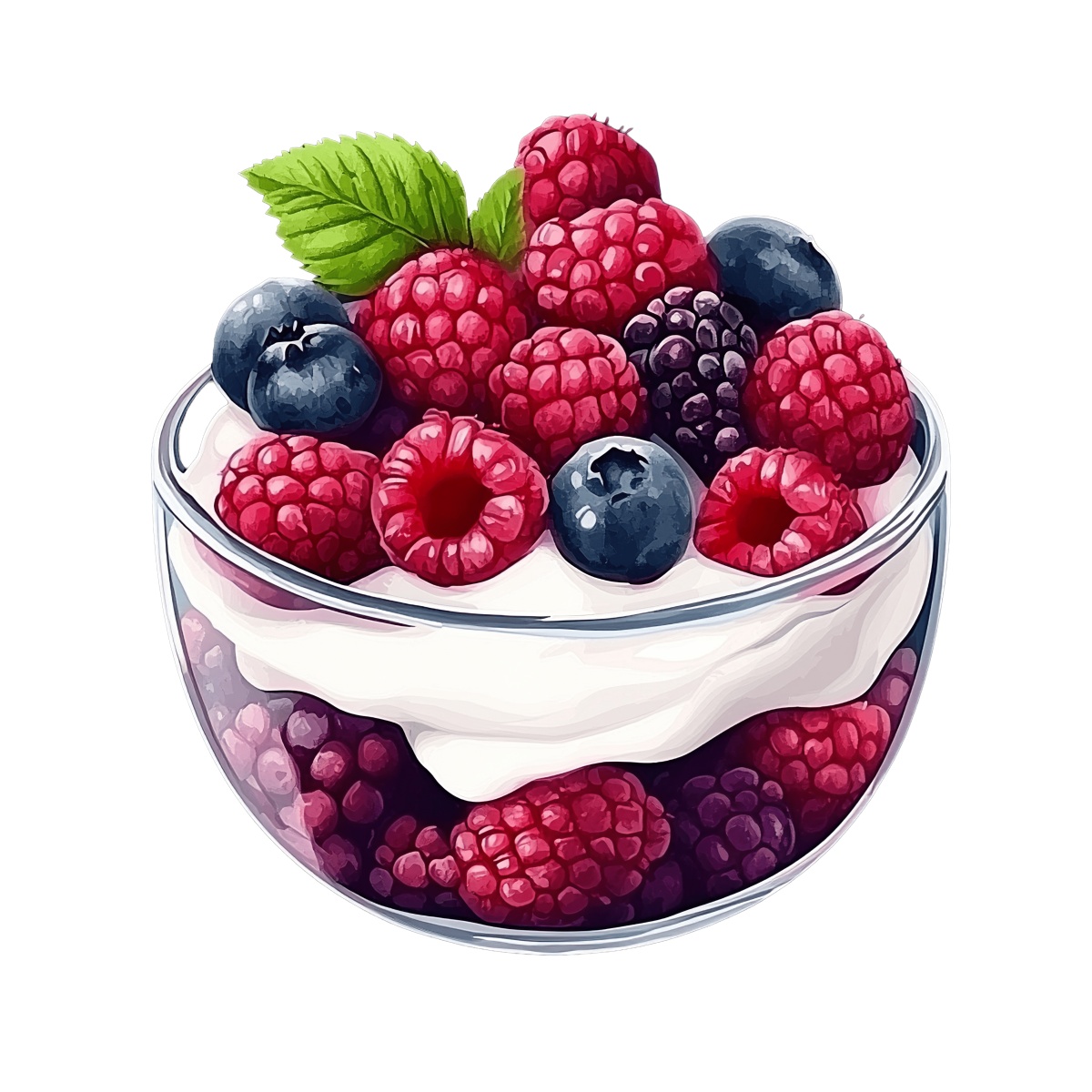 Glass bowl with raspberries, blueberries, cream, and a mint leaf on top.