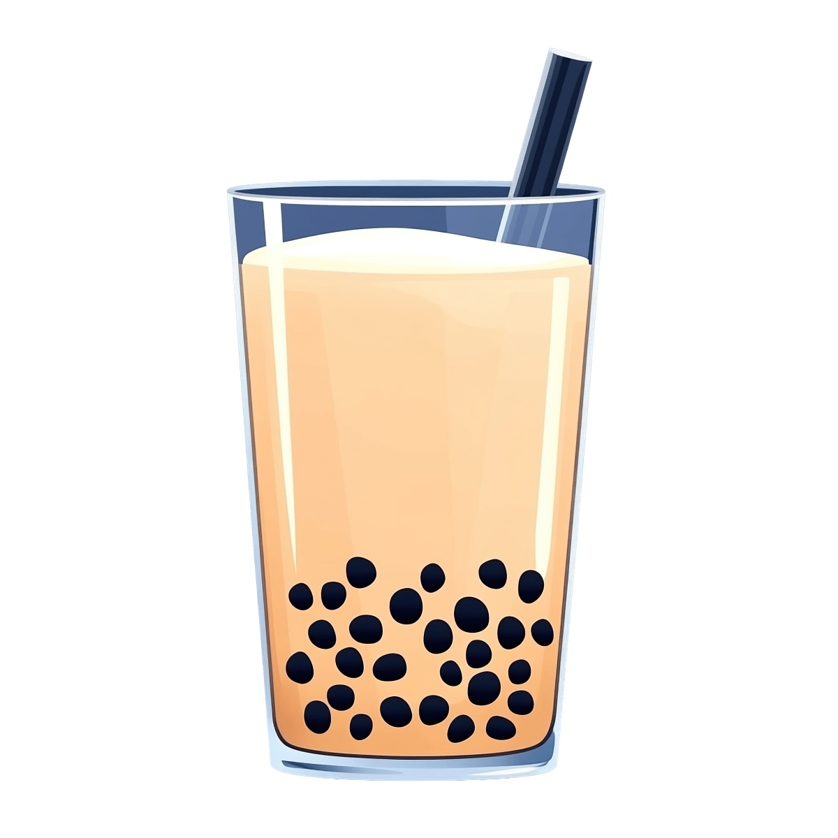 Glass of bubble tea with black tapioca pearls and a straw.