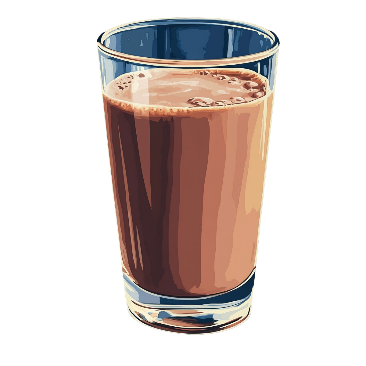 Glass filled with chocolate milk, showing bubbles on the surface.