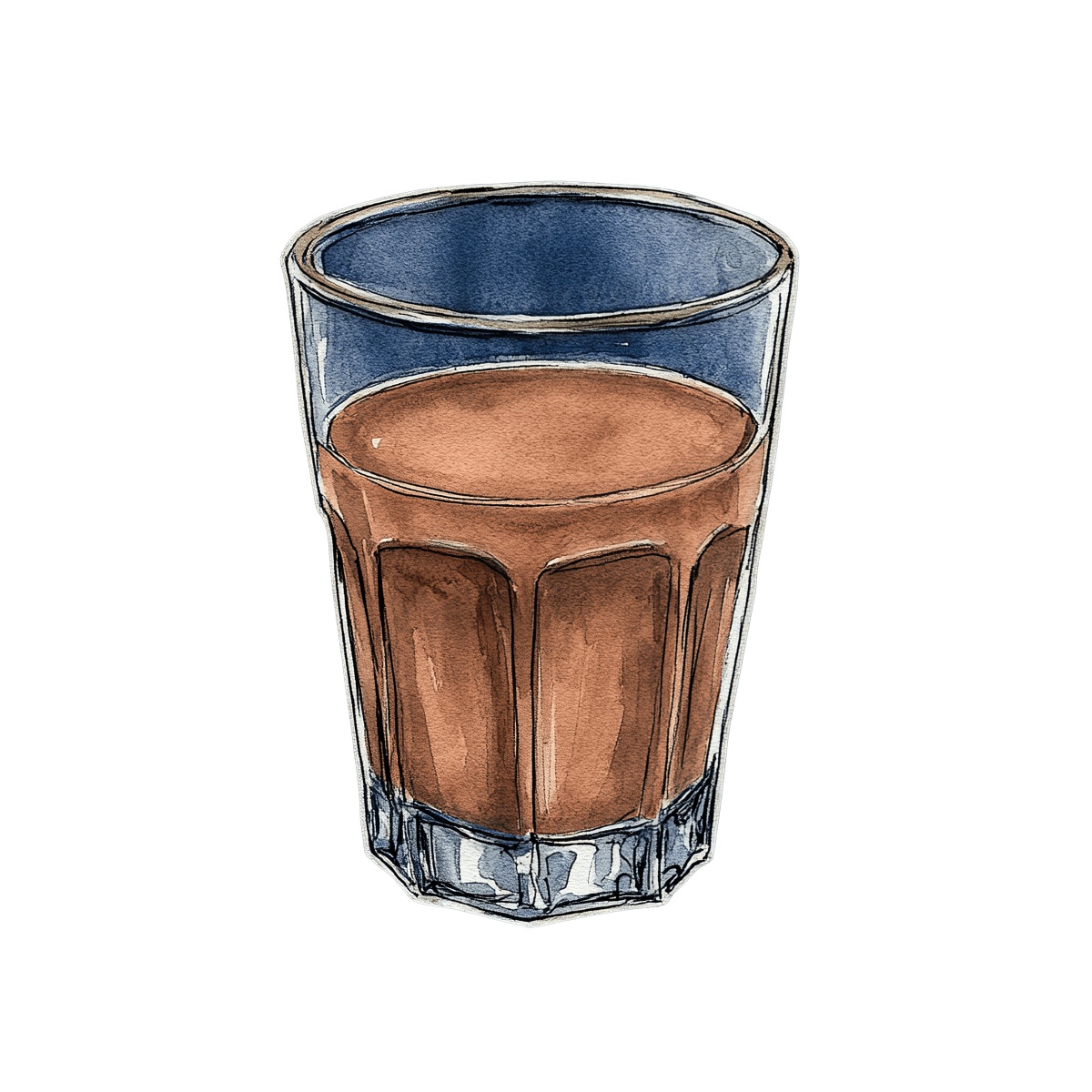 Glass of chocolate milk in watercolor style on a transparent background.