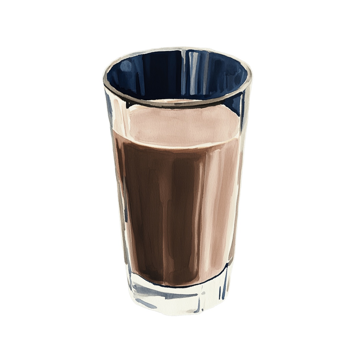 Glass filled with chocolate milk in a transparent tumbler.