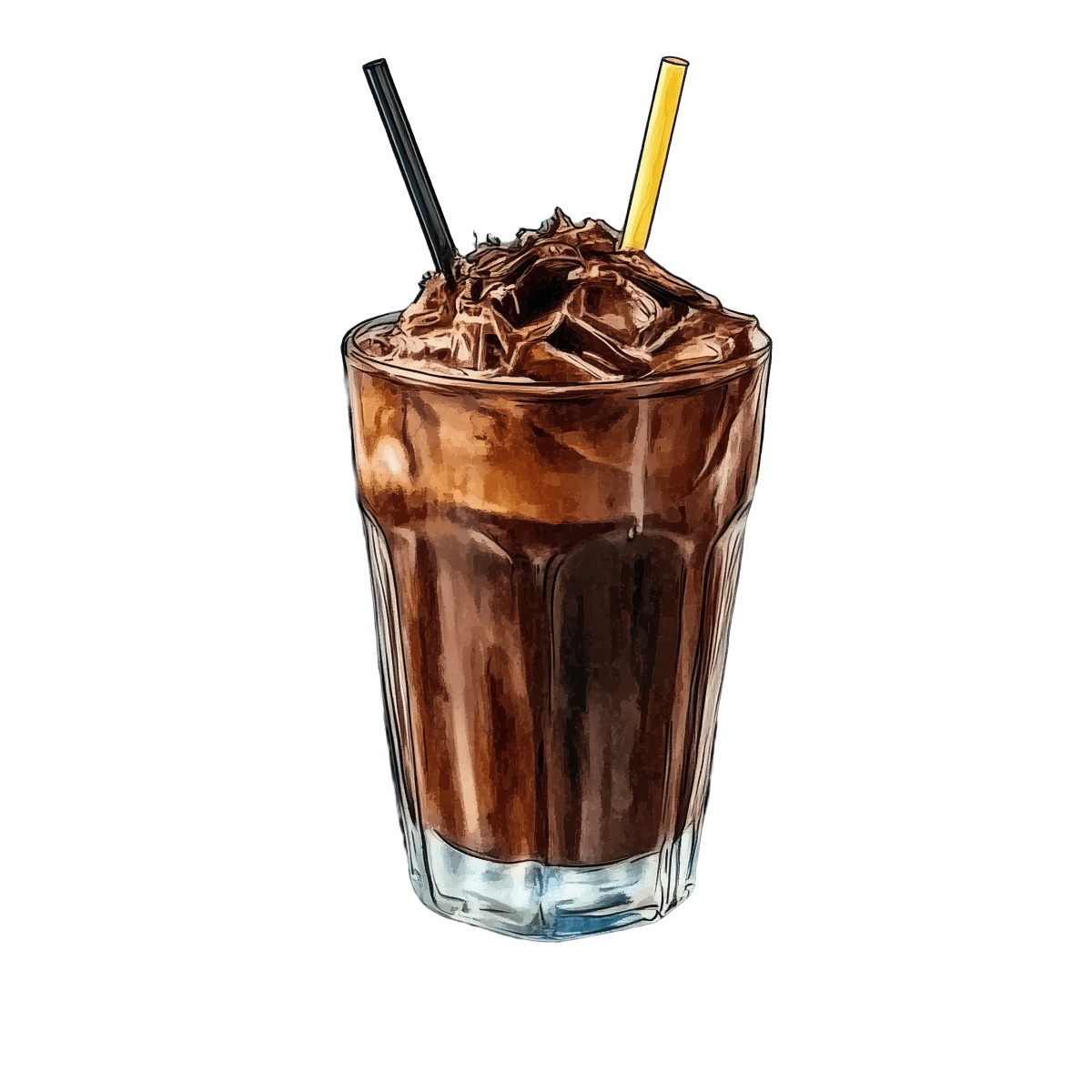Chocolate milkshake in a glass with black and yellow straws.