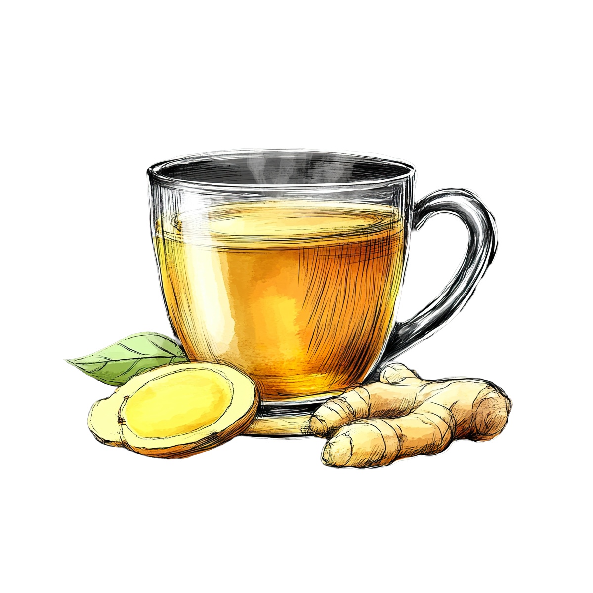 Glass cup of ginger tea with fresh ginger root beside it.