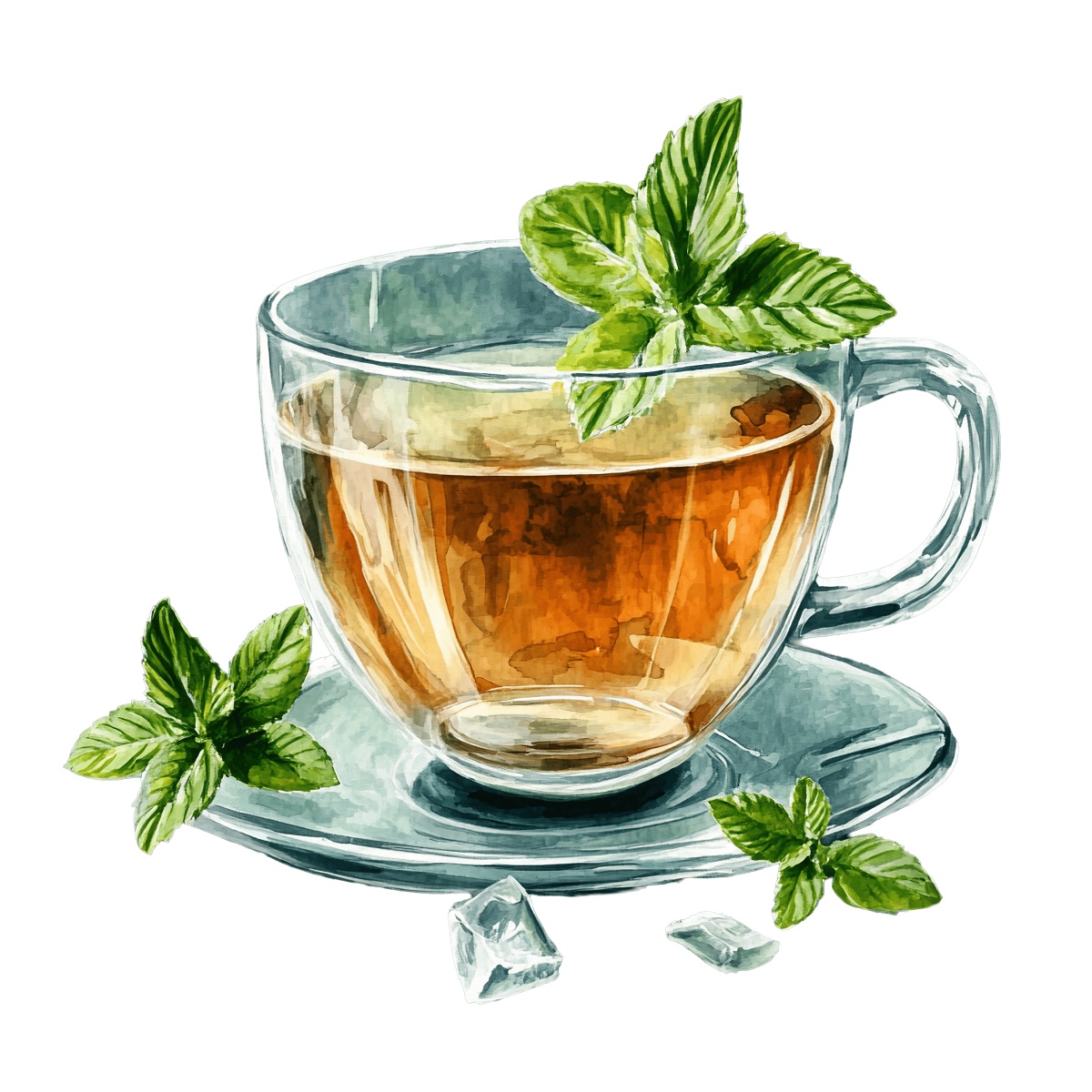 Glass cup of herbal tea with mint leaves on a saucer.