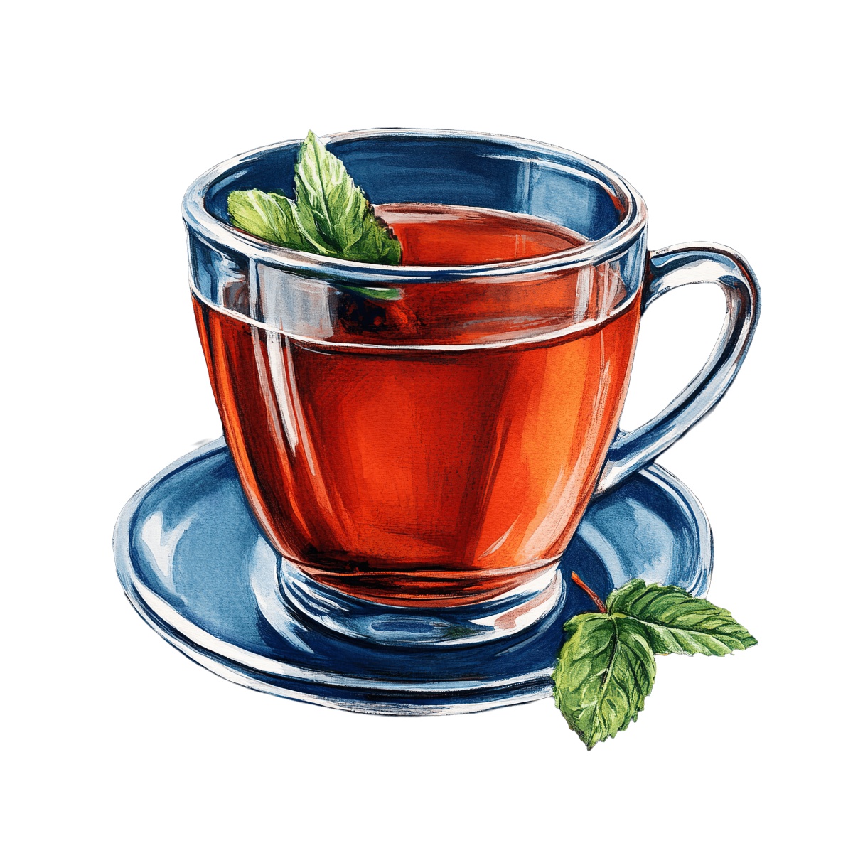 Glass cup of mint tea with fresh mint leaves on a saucer.