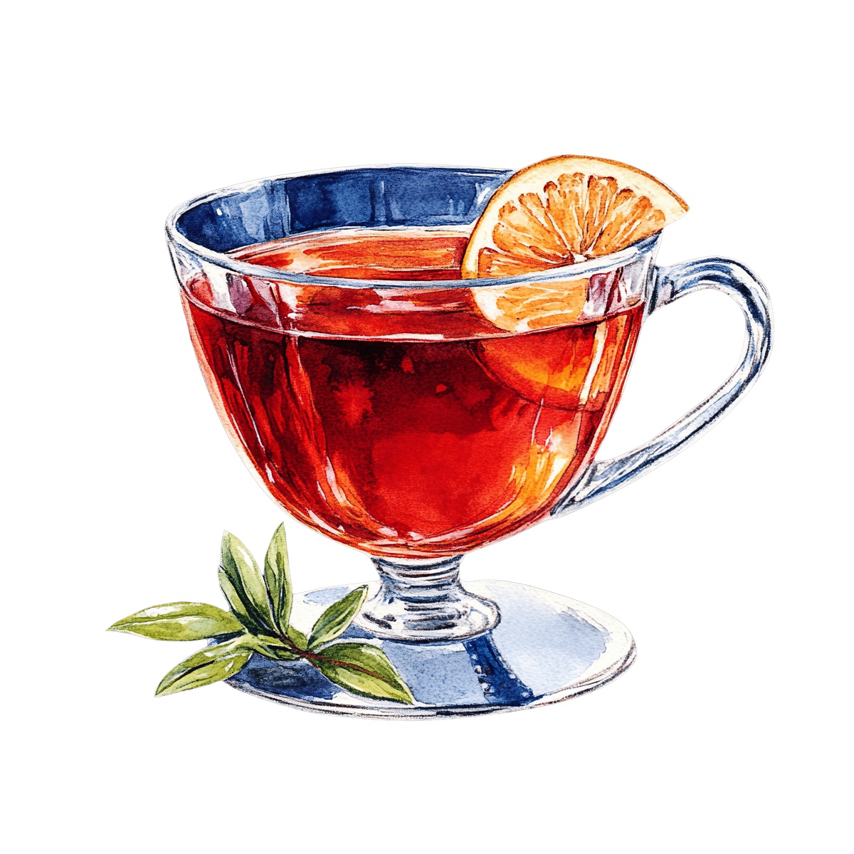 Glass cup of tea with an orange slice and green leaves.