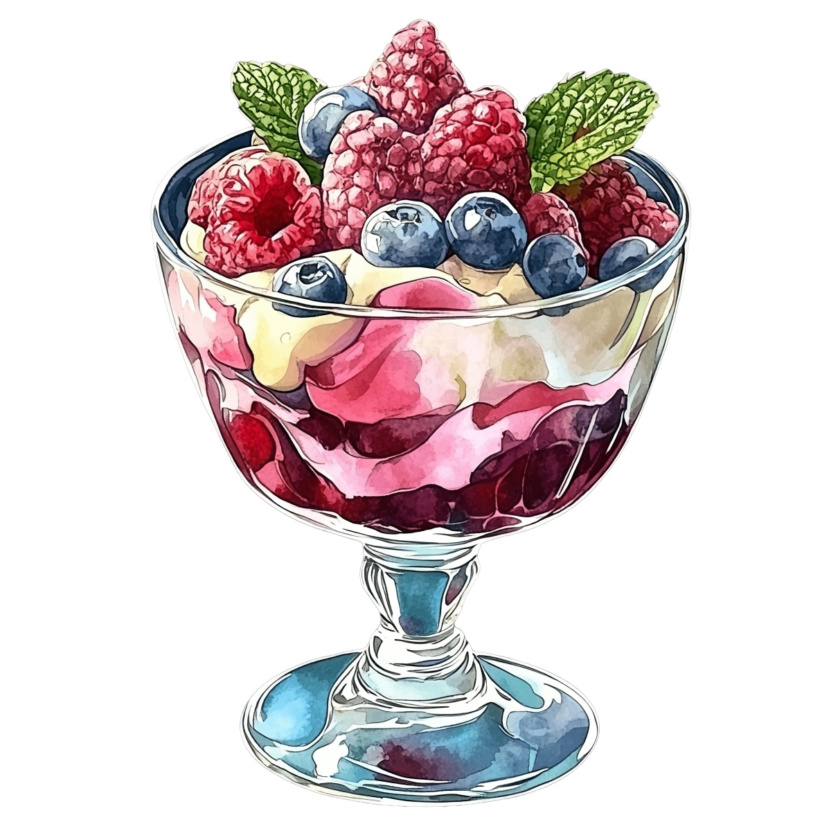 Glass dessert bowl with raspberries, blueberries, and cream layers.