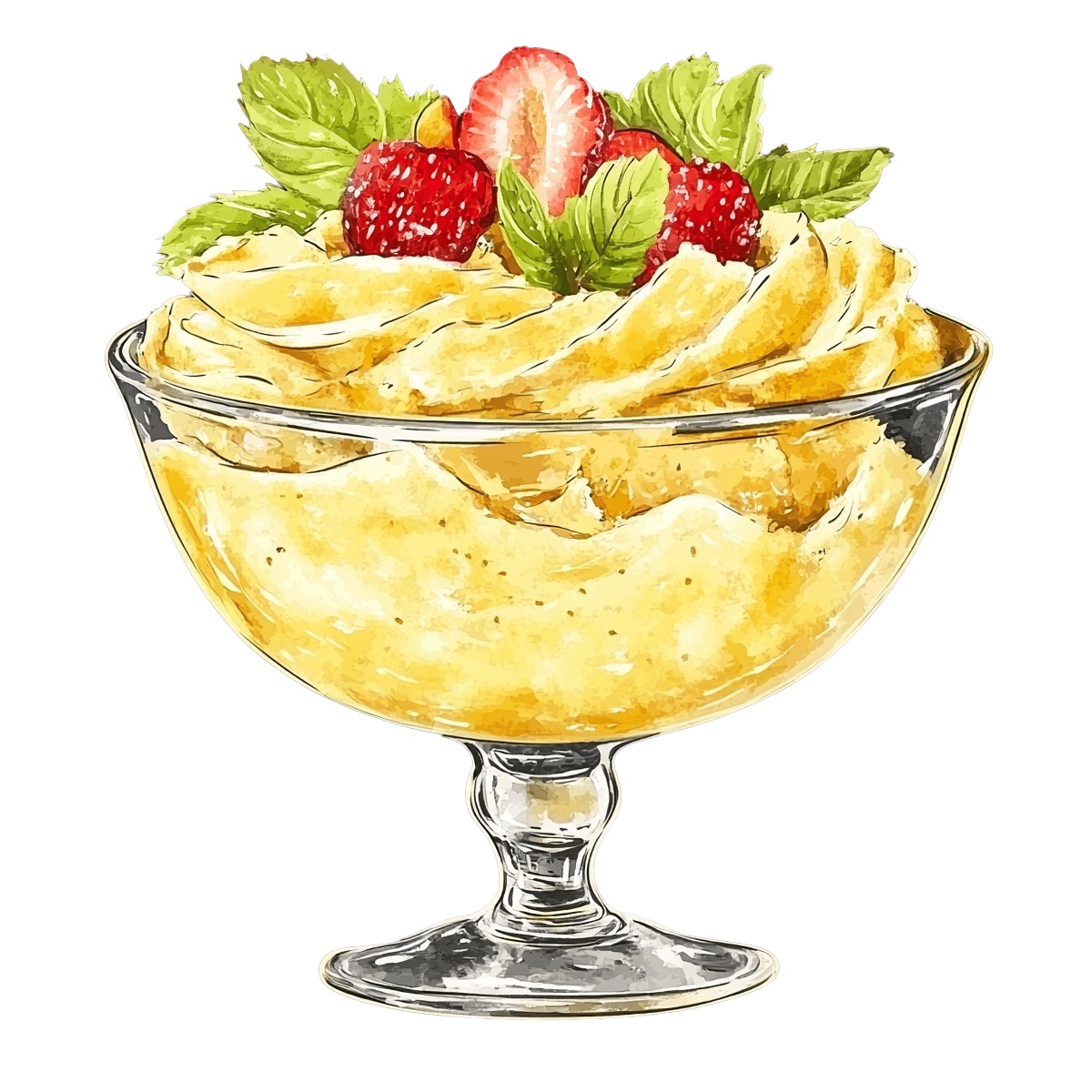 Glass dessert bowl with whipped cream, strawberries, and mint garnish.