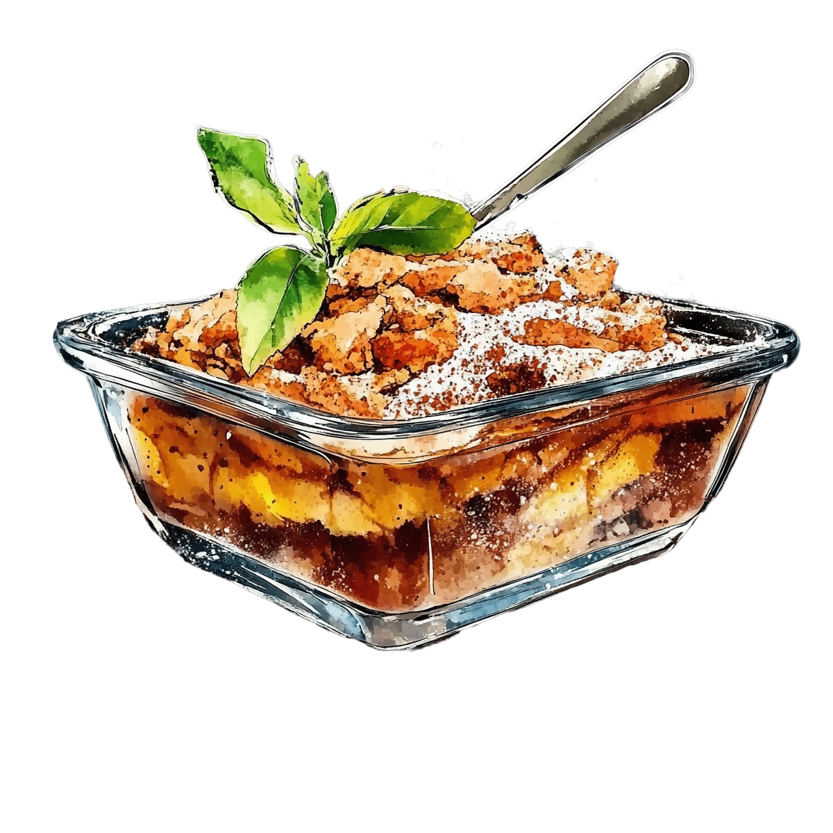 Apple crumble dessert in a glass dish with mint leaves on top.