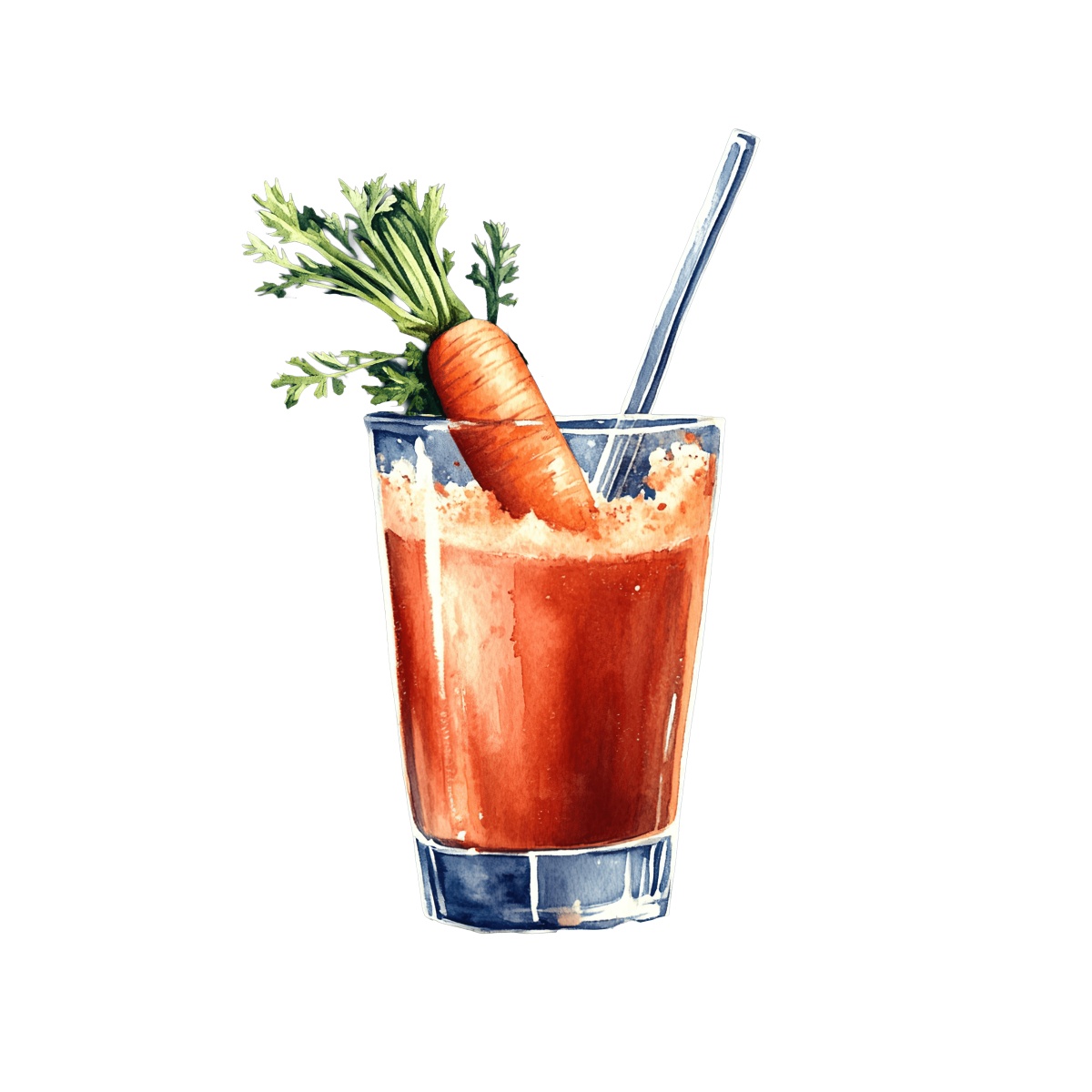 Glass of carrot juice with a straw and carrot garnish.