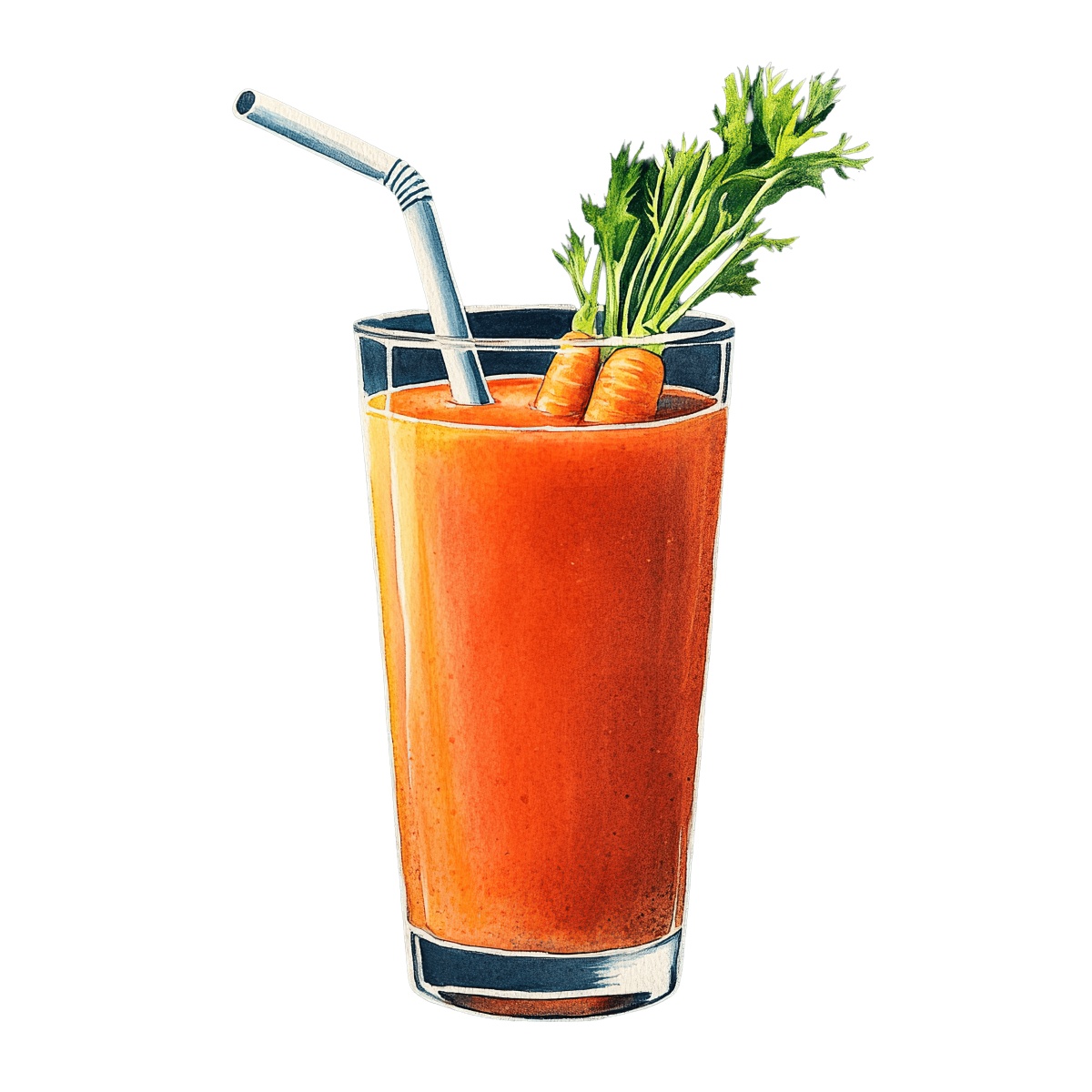 Glass of carrot juice with a straw and carrot garnish on top.