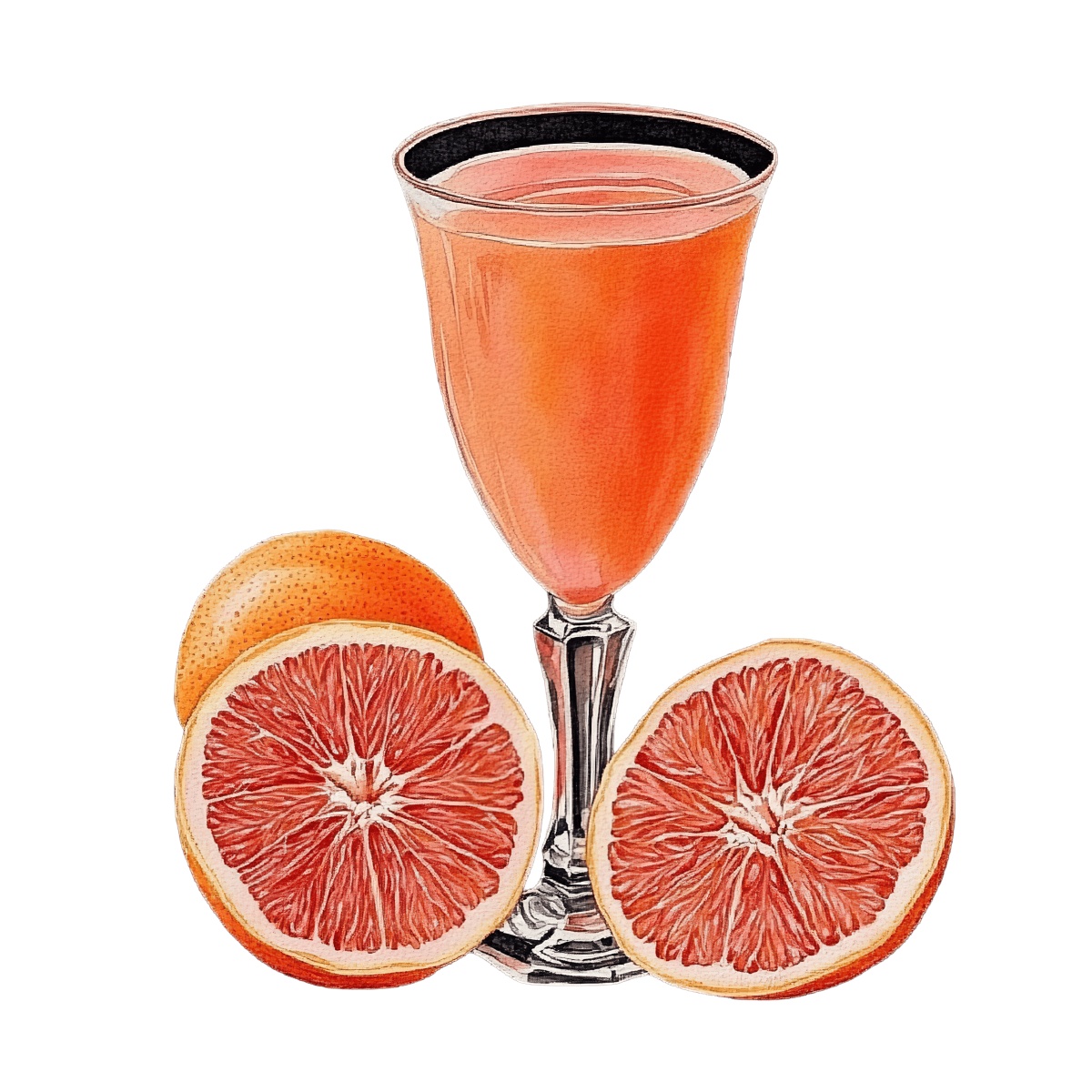 Glass of grapefruit juice with two sliced grapefruit halves on display.