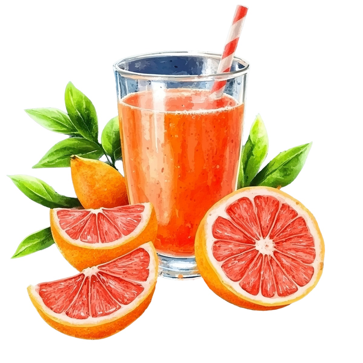 Glass of grapefruit juice with slices and green leaves around it.