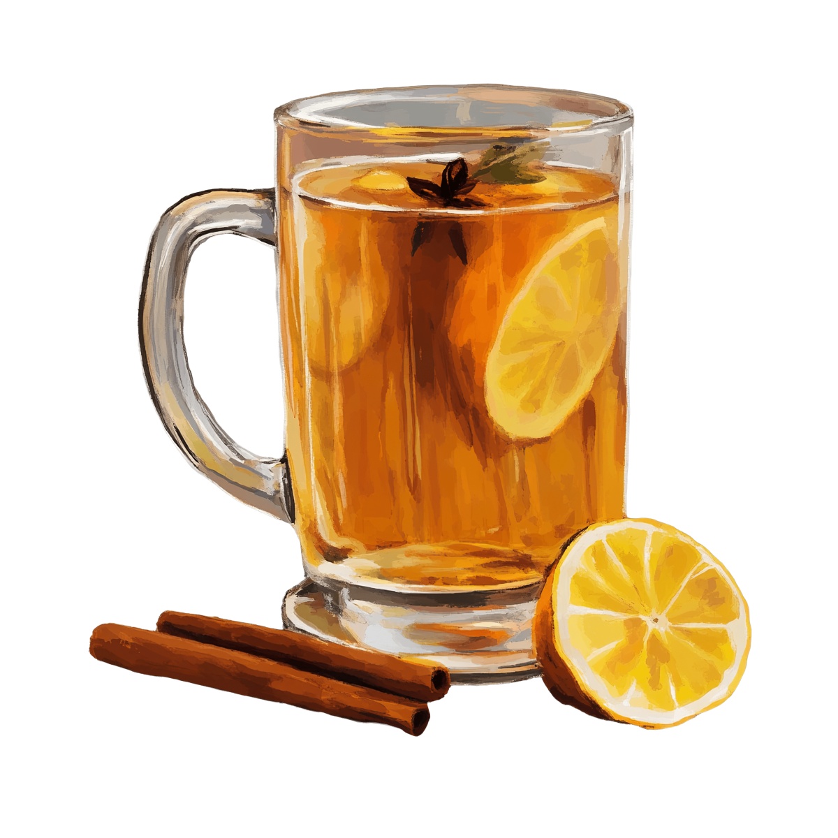 Glass mug of hot tea with lemon slices and cinnamon sticks.