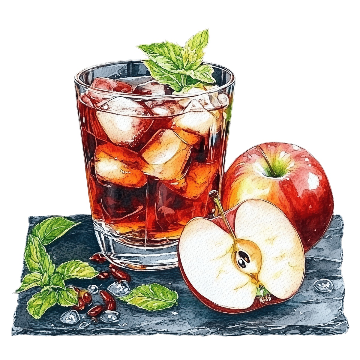 Glass of iced apple tea with mint leaves and apples on a slate.