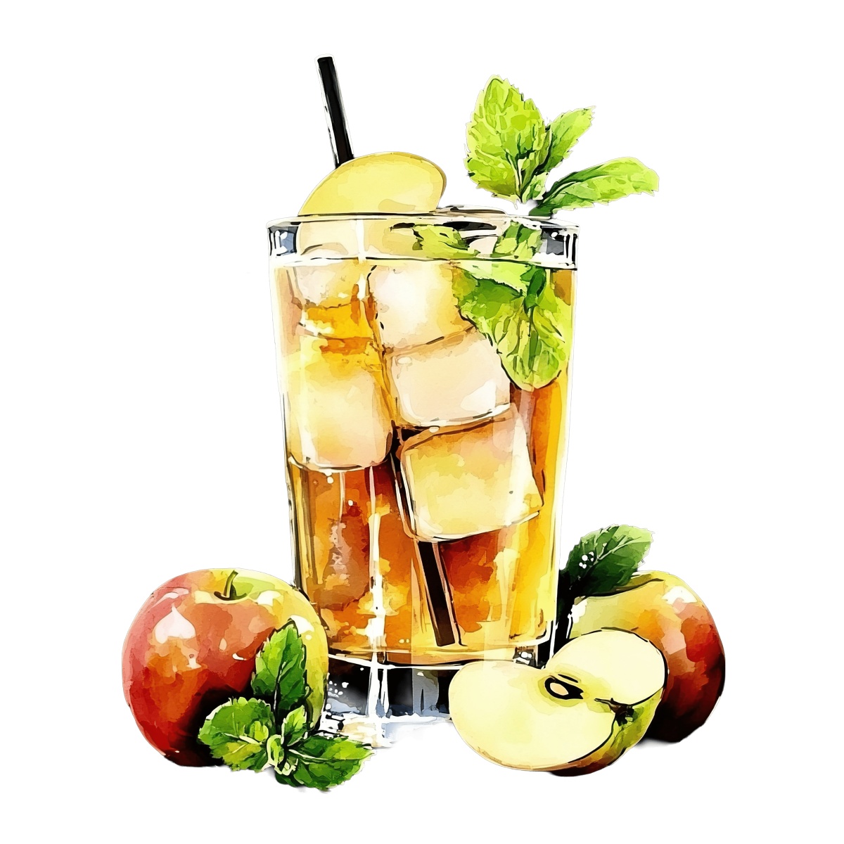 Glass of iced apple tea with mint leaves and apple slices.