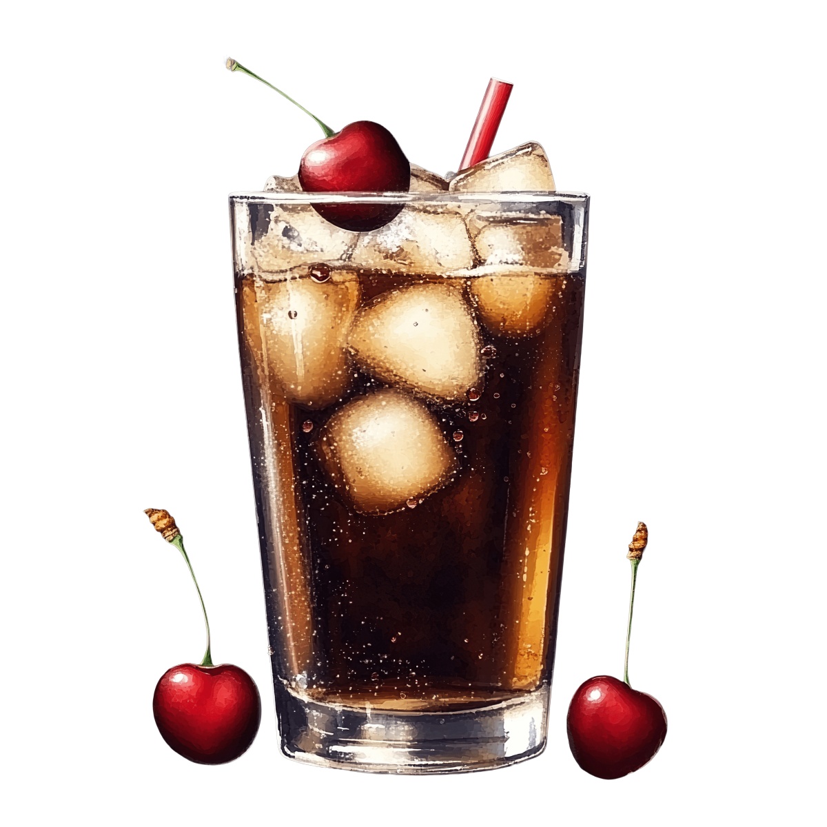 Glass of iced cherry cola with fresh cherries and a straw.