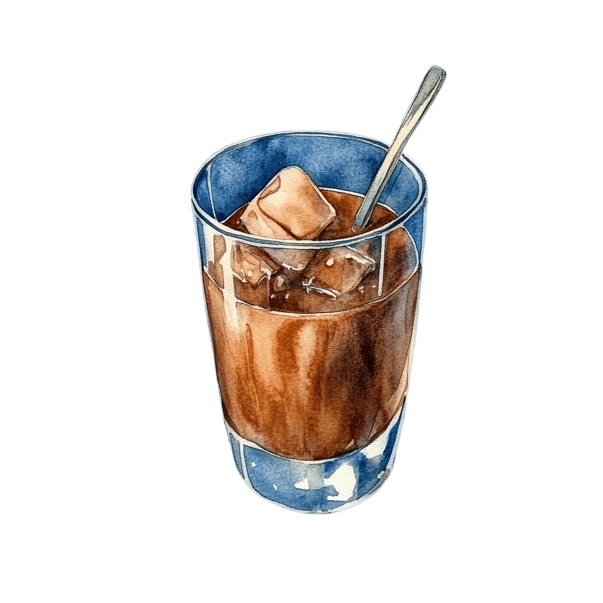 Glass of iced coffee with ice cubes and a spoon inside.