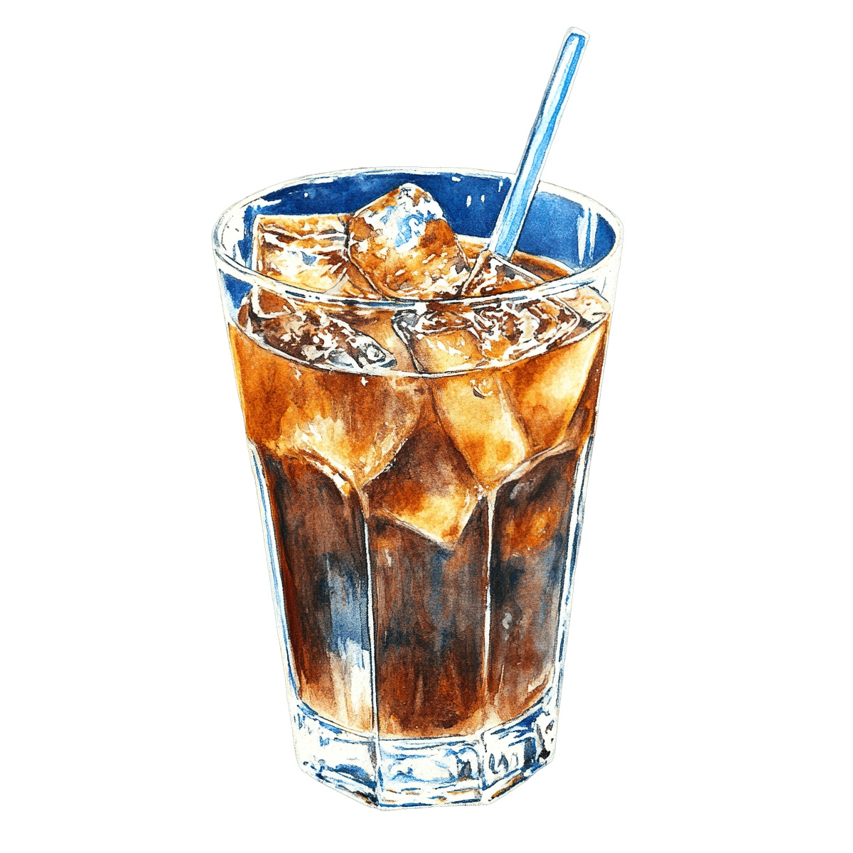 Glass of iced coffee with ice cubes and a straw.
