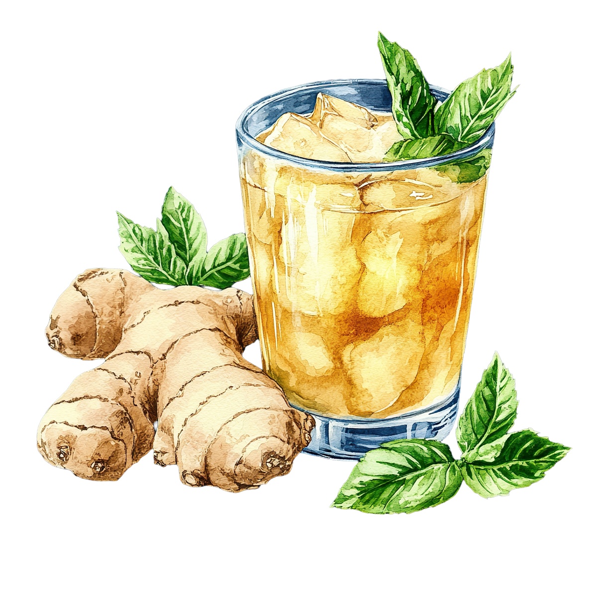 Glass of iced ginger tea with mint leaves and ginger root.