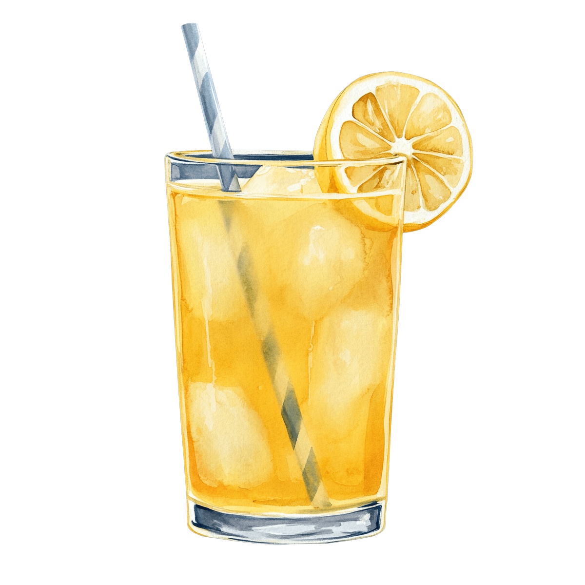 Glass of iced lemonade with lemon slice and striped straw.