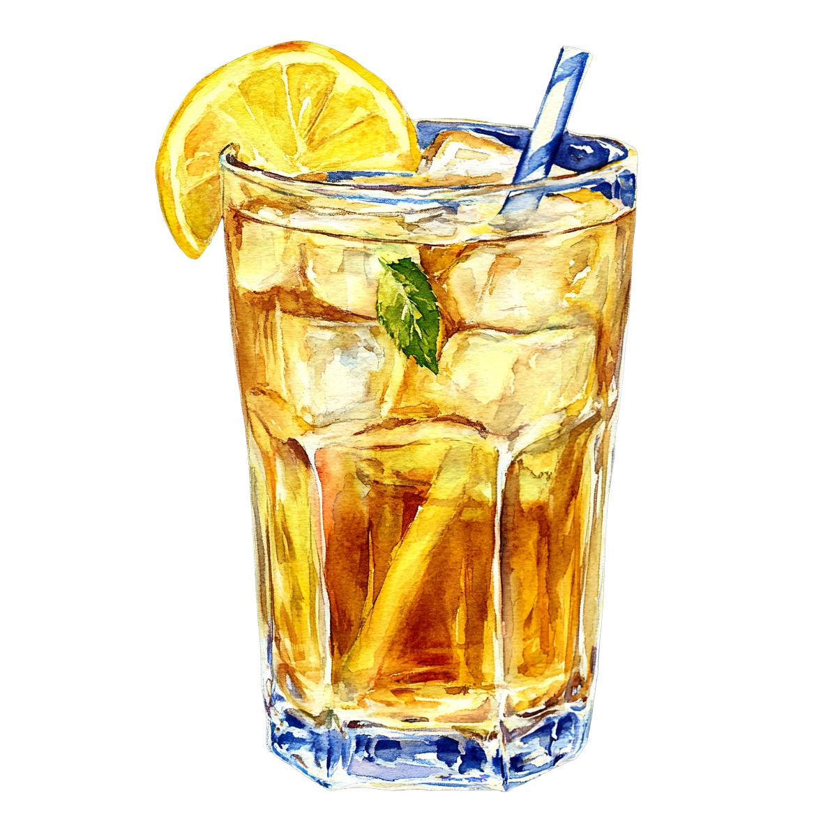Glass of iced tea with lemon slice and straw on top.