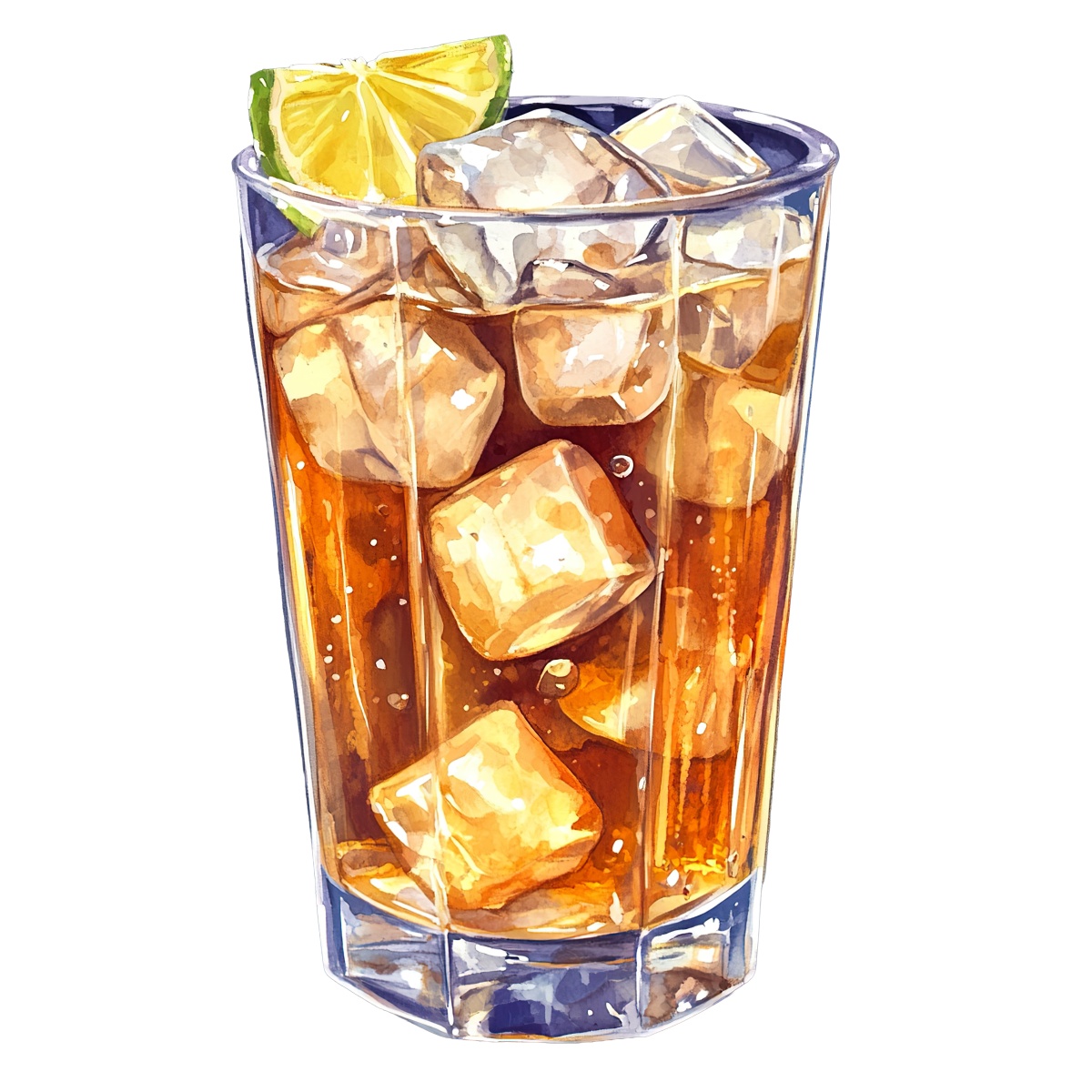 Glass of iced tea with ice cubes and a lime wedge on top.