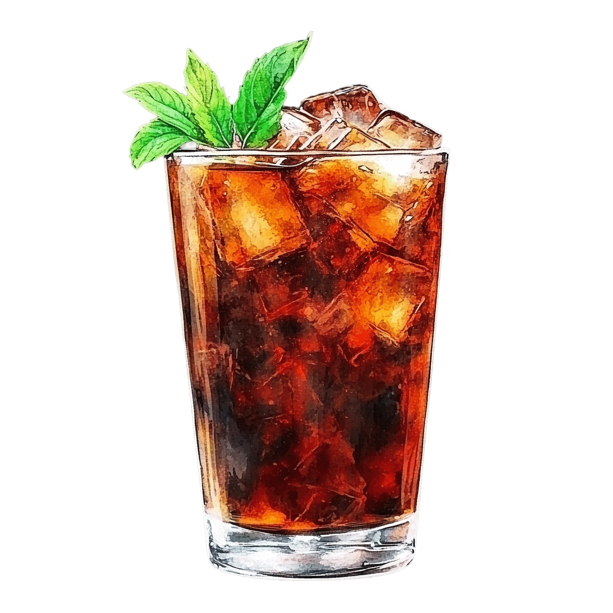 Glass of iced tea with ice cubes and mint leaves on top.