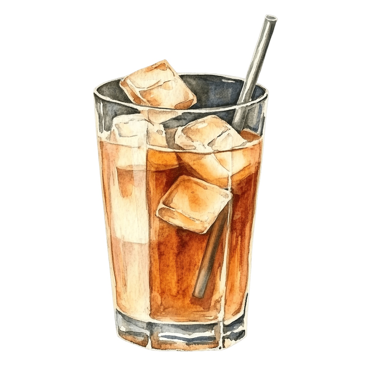 Glass of iced tea with ice cubes and a straw.