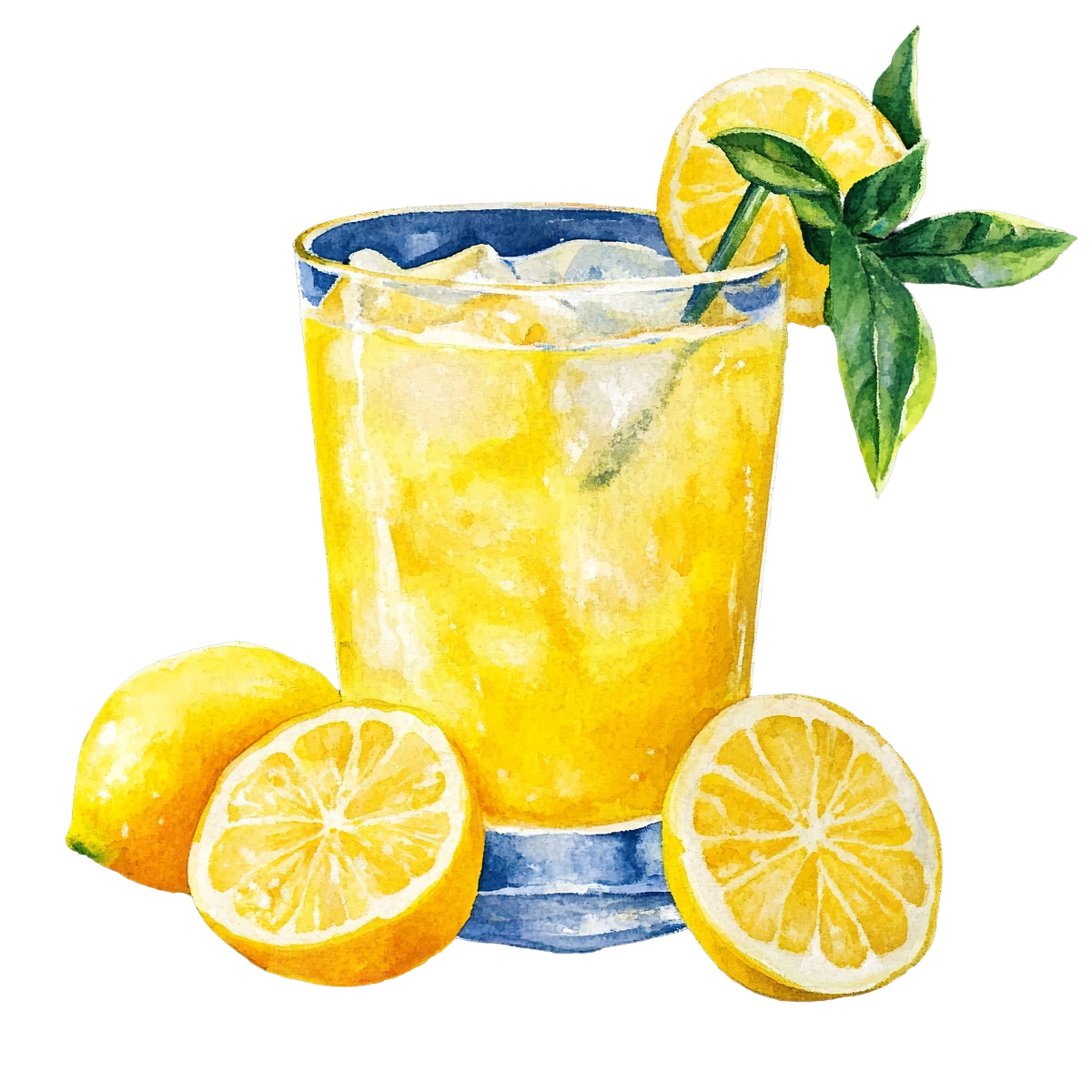 Glass of lemonade with fresh lemons and mint leaves on the side.