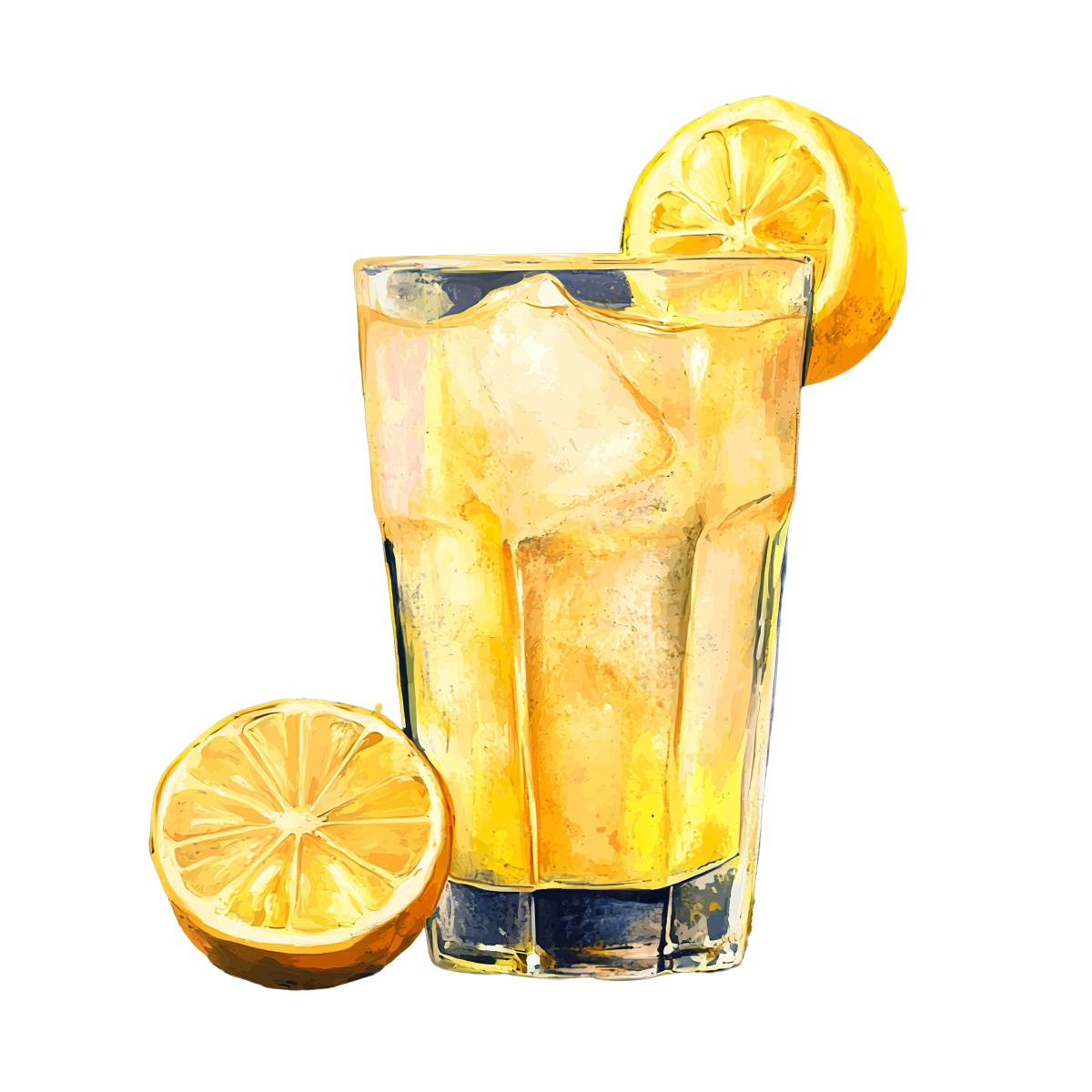 Glass of lemonade with ice and lemon slices on the rim.