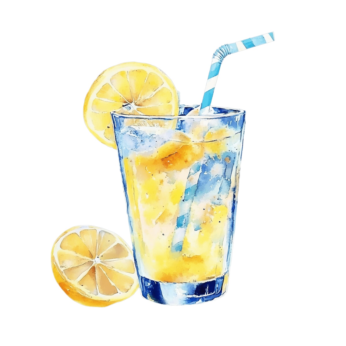 Glass of lemonade with a straw and lemon slices on the side.