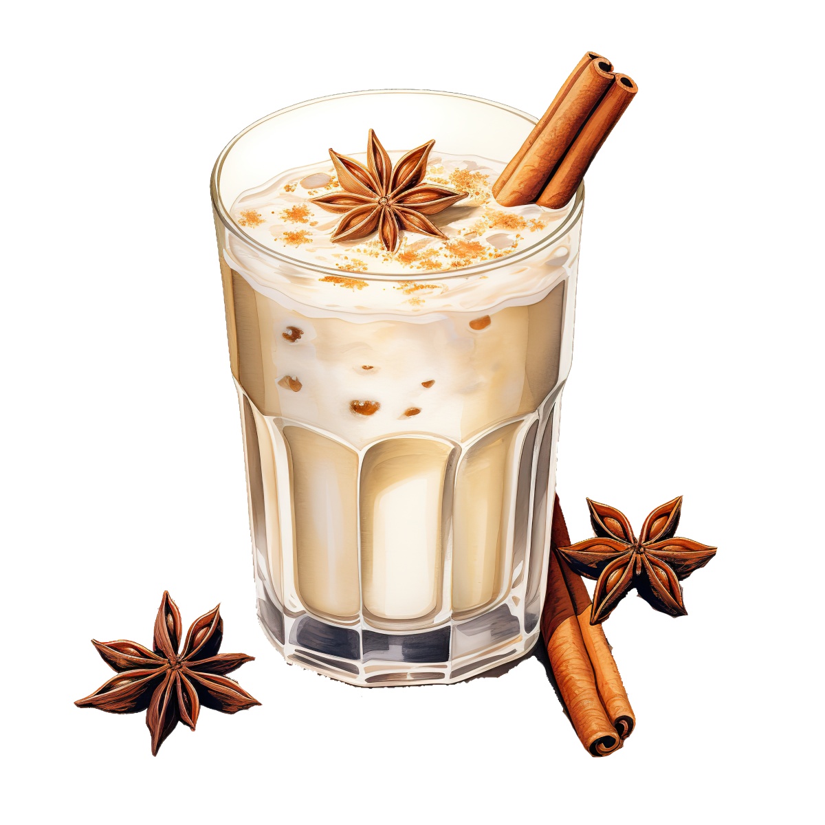 Glass of iced chai garnished with star anise and cinnamon on glass.
