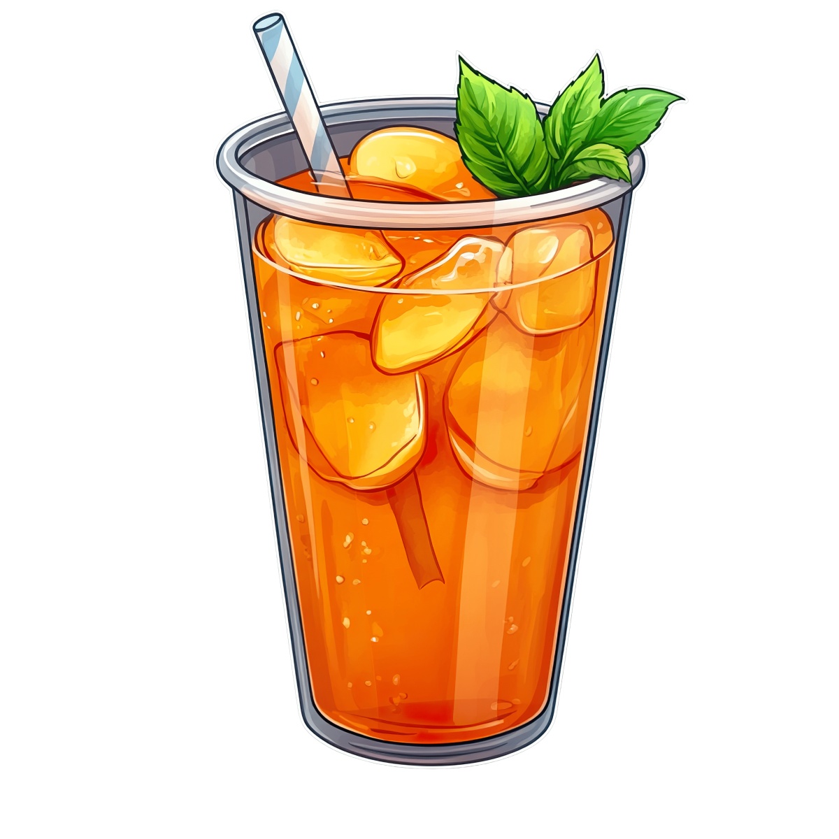 Glass of iced peach tea with ice cubes and mint leaves.