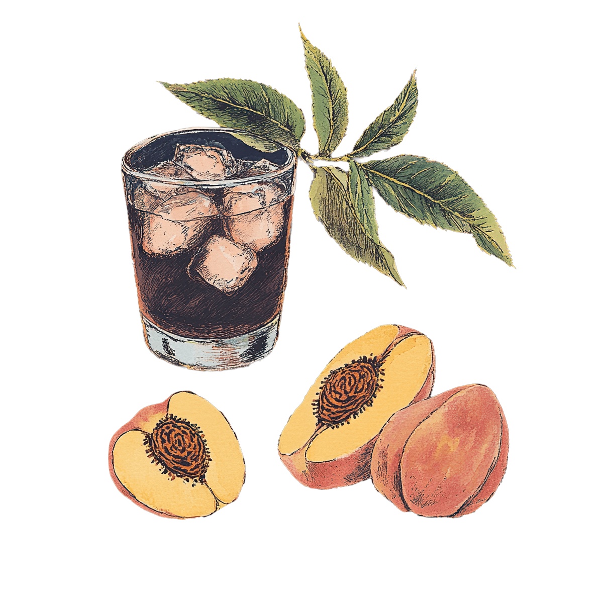 Glass of iced tea with ice cubes, peaches, and green leaves.